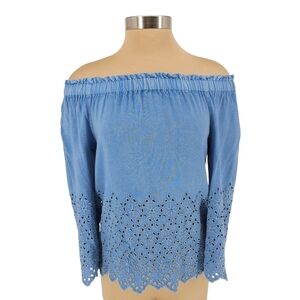 Style Envy Shirt Blue Embroidered Floral Eyelet Off Shoulder Long Sleeve Small